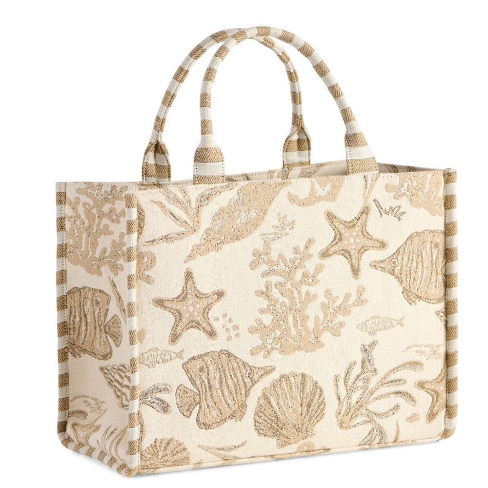 Coastal Jacquard Tote | Beige | Ocean Motif